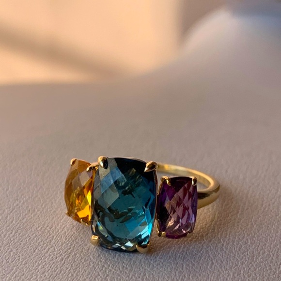 EFFY 14K GOLD MOSAIC LONDON BLUE TOPAZ CITRINE AMETHYST MULTI GEMSTONE RING - Picture 8 of 16